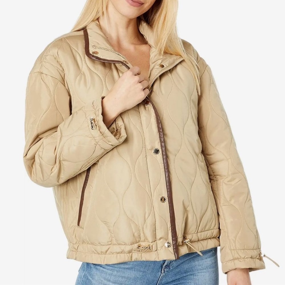 VINCE CAMUTO Quilted Fashion High Neck Drawcord Cuff & Hem Jacket, Tan, large